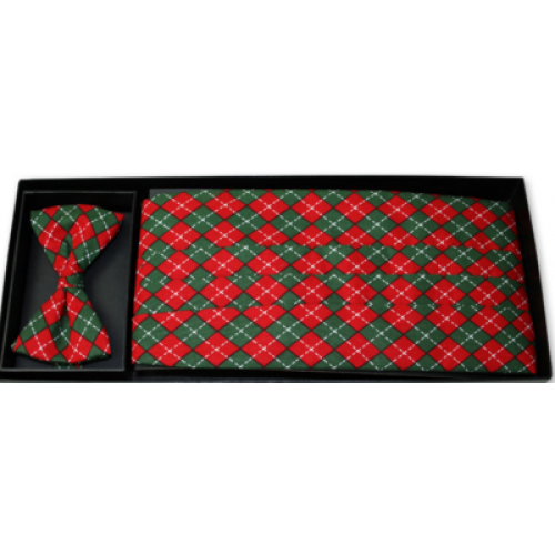 Argyle Red and Green Holiday Cummerbund and Bow Tie Set